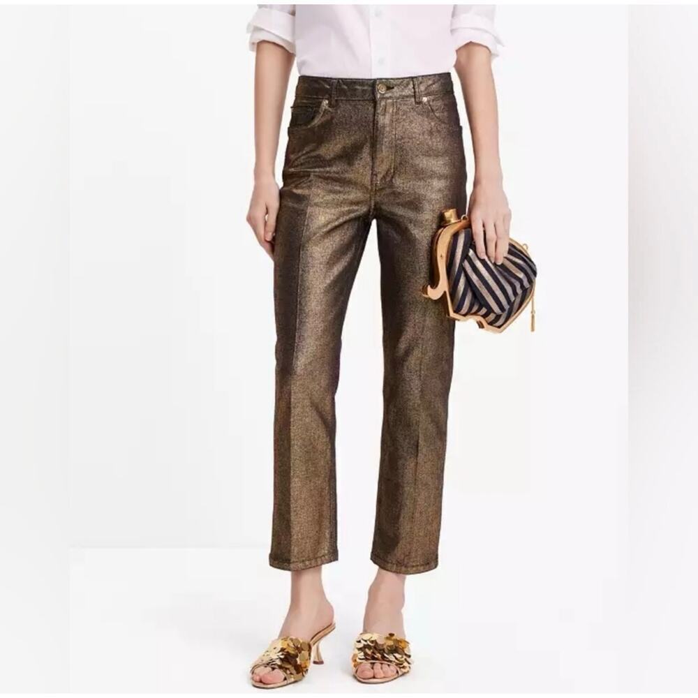 Kate Spade Gold Metallic Straight Leg Denim Pant Size 27